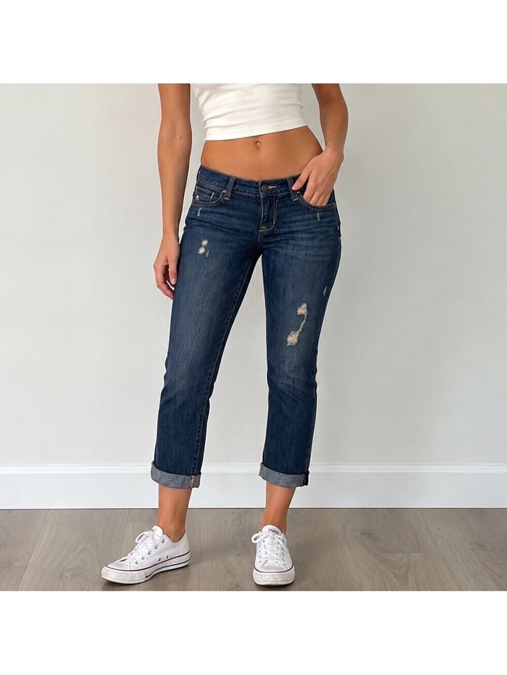 Old Navy Low Rise Distressed Cropped Ankle Jeans Size 4 Y2K Dark Wash Denim